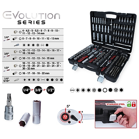 Une boîte à outils avec divers outils, notamment des clés, des embouts et des douilles. À droite, une main ouvrant une fermeture.